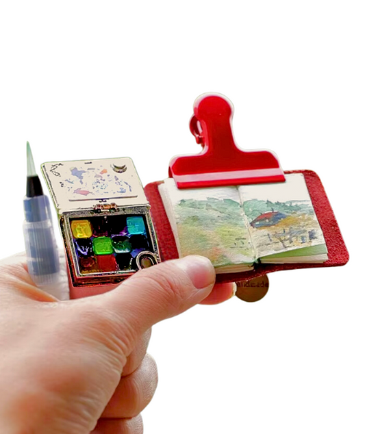 Ultra Mini Travel Watercolor Set ring | Includes 11 color, Sketchbook, Pen, Folder & Storage Box