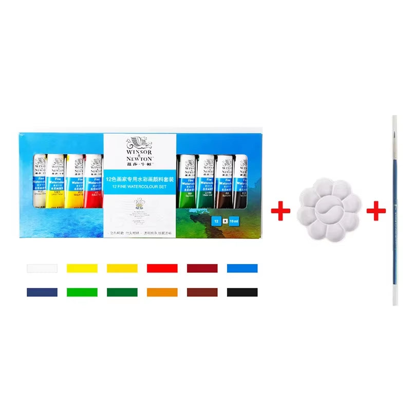 Winsor&Newton Professional Watercolor Set + Mixing Pallet and Brush | 12/18/24/36 Colors | 10ml Tubes