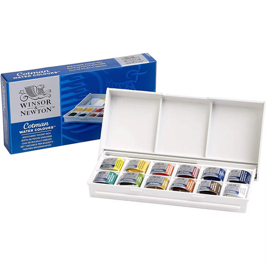 Winsor & Newton Cotman Portable Travel Watercolor Set - 12 Color Solid + Brush 