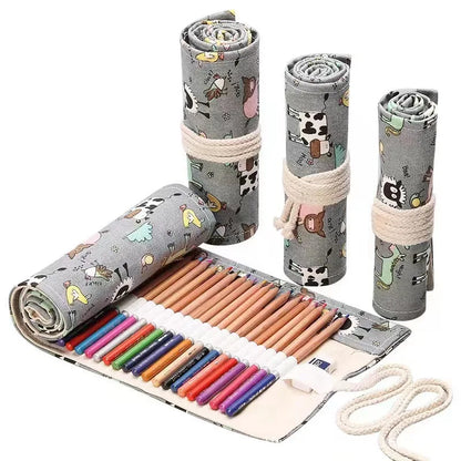 36 Holes Canvas Roll up Pencil Case School Students Supplies Brush Pen Bag Cute Pencil Cases Stationery