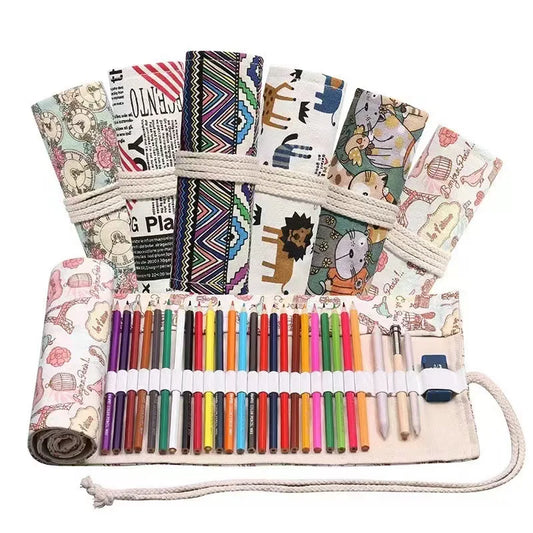 36 Holes Canvas Roll up Pencil Case School Students Supplies Brush Pen Bag Cute Pencil Cases Stationery