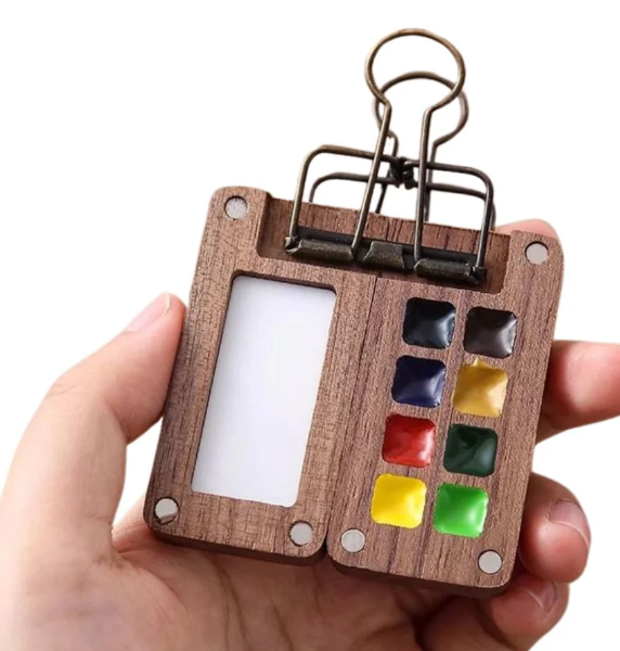 Mini Wooden Palette with 8 Watercolors | Optional + Mini Sketchbook + Watercolor Paint Brush