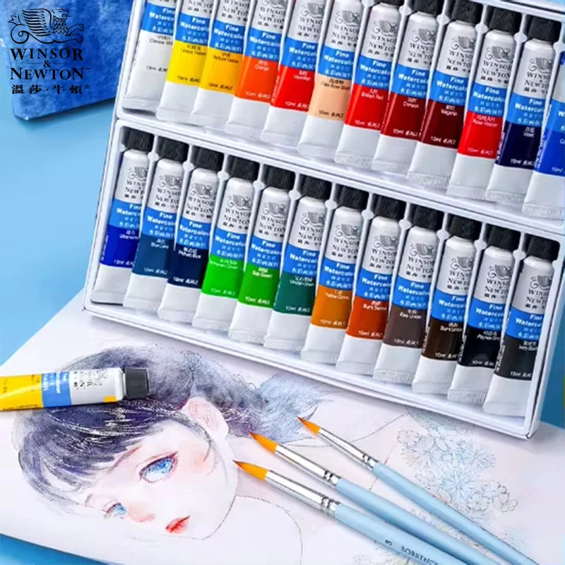 Winsor&Newton Professional Watercolor Set + Mixing Pallet and Brush | 12/18/24/36 Colors | 10ml Tubes