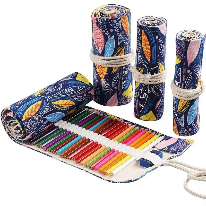 36 Holes Canvas Roll up Pencil Case School Students Supplies Brush Pen Bag Cute Pencil Cases Stationery