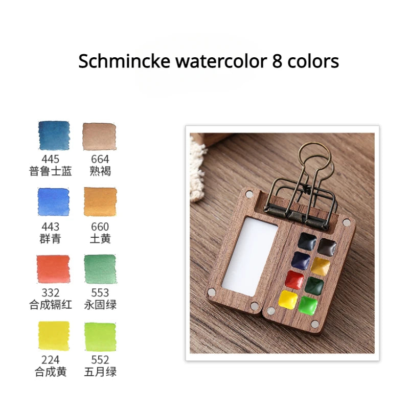 Portable Travel Watercolor Set Schmincke Watercolor 8 Colors Mini Walnut Paint Box Sketchbook Student Outing Art Supplies