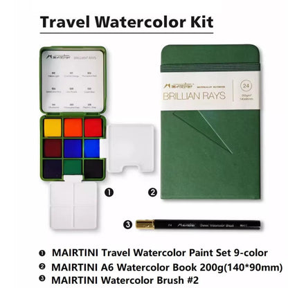 Mairtini Travel 9-Color Watercolor Set – Compact & High-Quality, with Optional Brush and Sketchbook for Outdoor Art