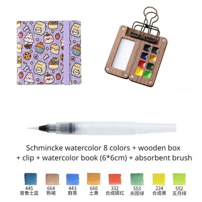 Portable Travel Watercolor Set Schmincke Watercolor 8 Colors Mini Walnut Paint Box Sketchbook Student Outing Art Supplies