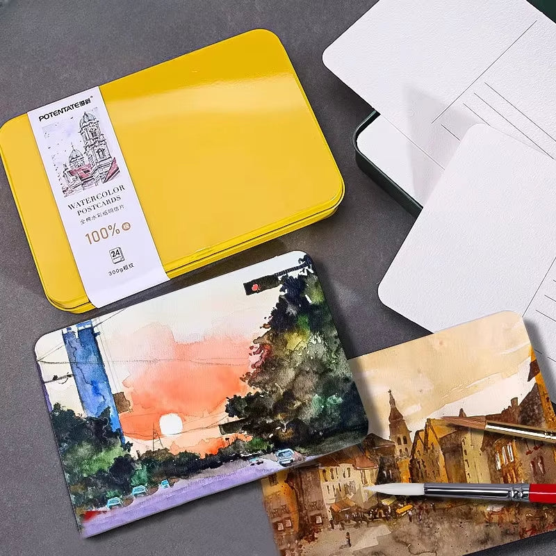 Portable Watercolor Postcard Book | 4"x6" | 300 GSM Cotton Paper, Medium Rough Grain | 24 Sheets